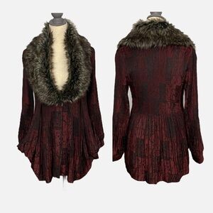 Elena Wang Women’s Tango Mt Carmel Blazer Small Faux Fur Collar Red Black NEW
